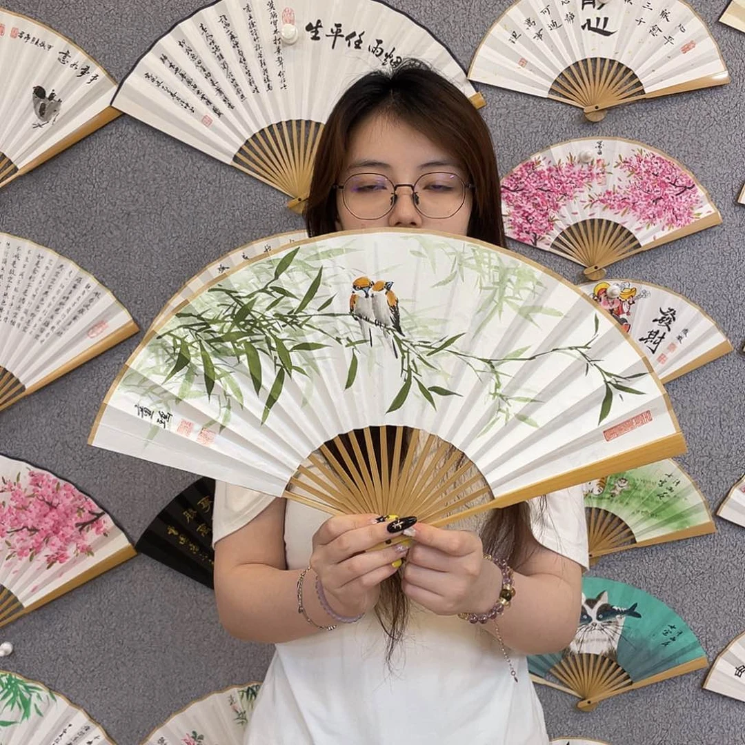 国画8寸玉竹-纯手绘-文玩扇骨（默认粘好）