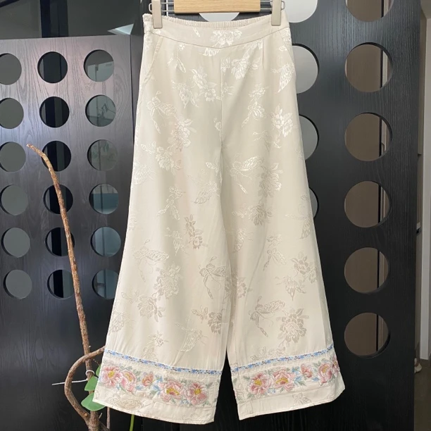 格格裤 “粉牡丹” 刺绣工艺松紧腰长裤新中式复古直筒裤