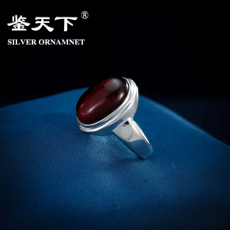血珀圆形蛋面开口S925银戒指08200306