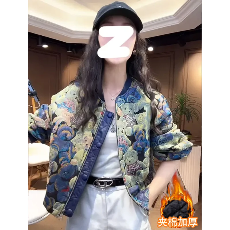 美式复古刺绣小熊短外套女2025秋冬新款设计感夹棉加厚棒球服夹克