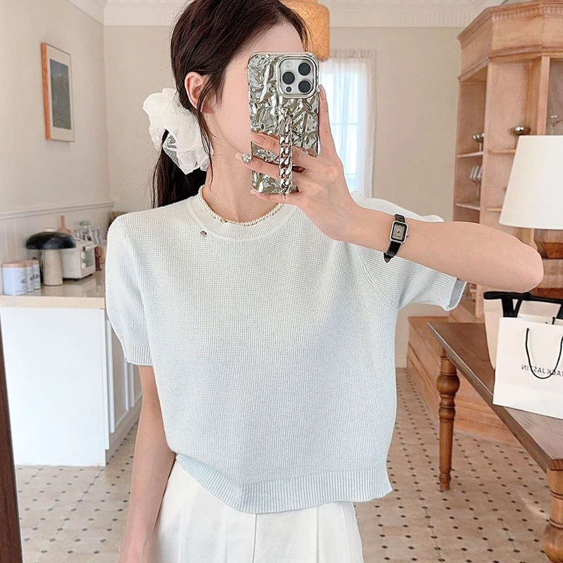 小个子毛衣银丝针织短袖早春短袖韩版时尚T恤钉珠小香风高级感