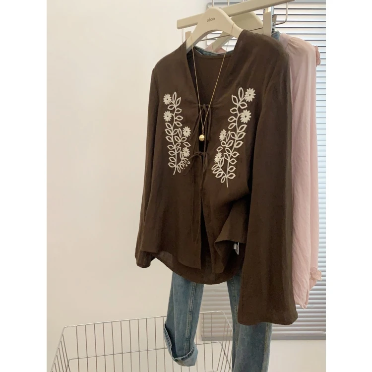 新中式国风长袖v领防晒衬衫外套2025早秋薄款轻奢高级感女士上衣