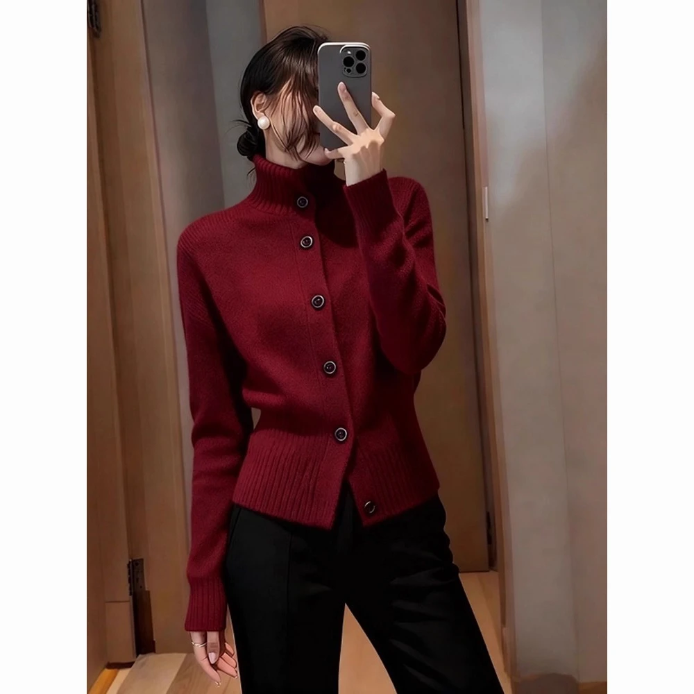 圣诞新年红色高领毛衣针织开衫女秋冬老钱风宽松软糯外套上衣加厚