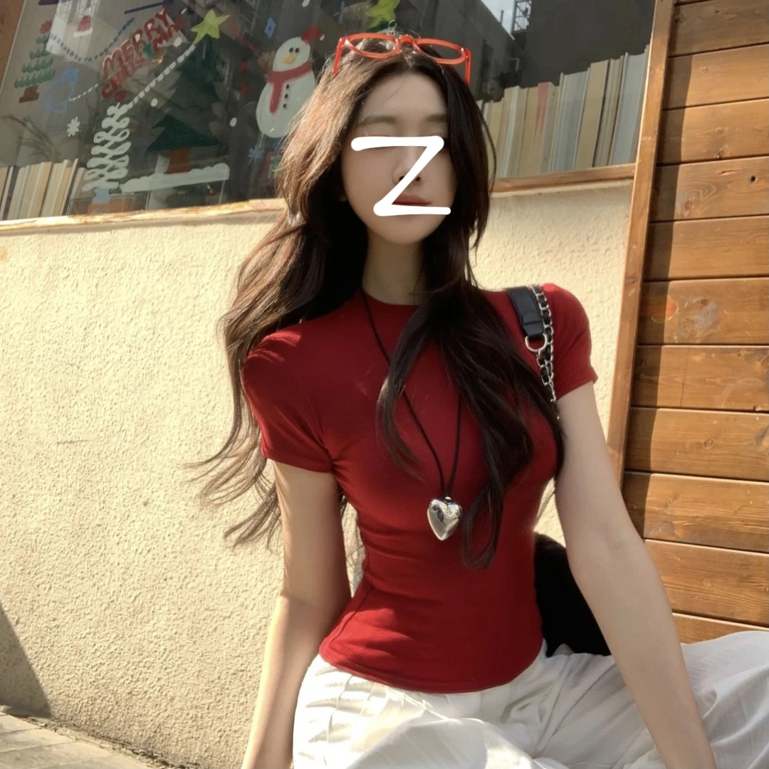 新款辣妹修身显瘦正肩短袖T恤收腰纯色运动上衣纯色短款打底衫女