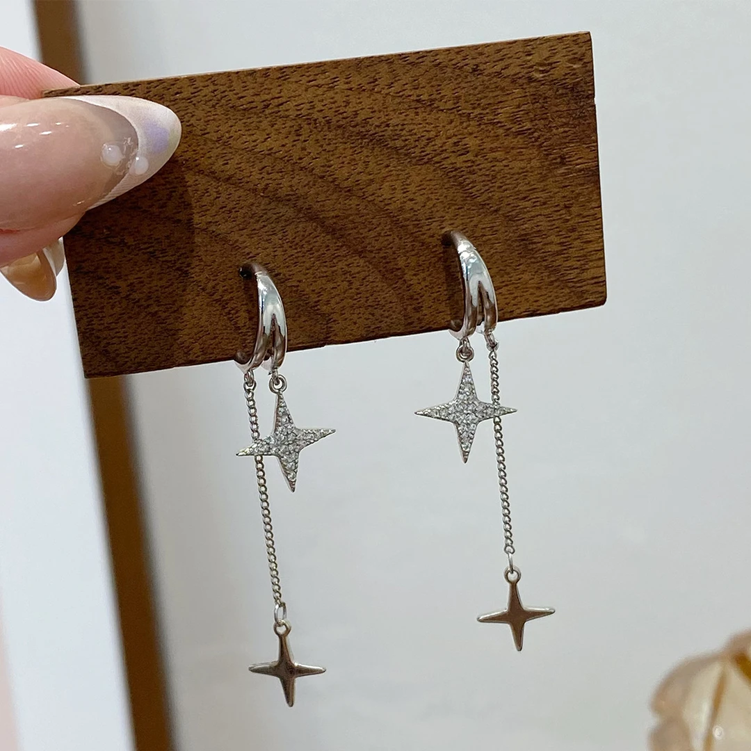 铜合金耳饰 鼎溢时尚度假风精致流苏微镶星星耳环轻奢高级感yjy