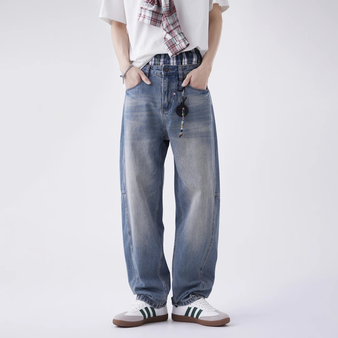 2025秋冬新款美式休闲复古重磅水洗牛仔裤男宽松做旧微锥裤长裤子