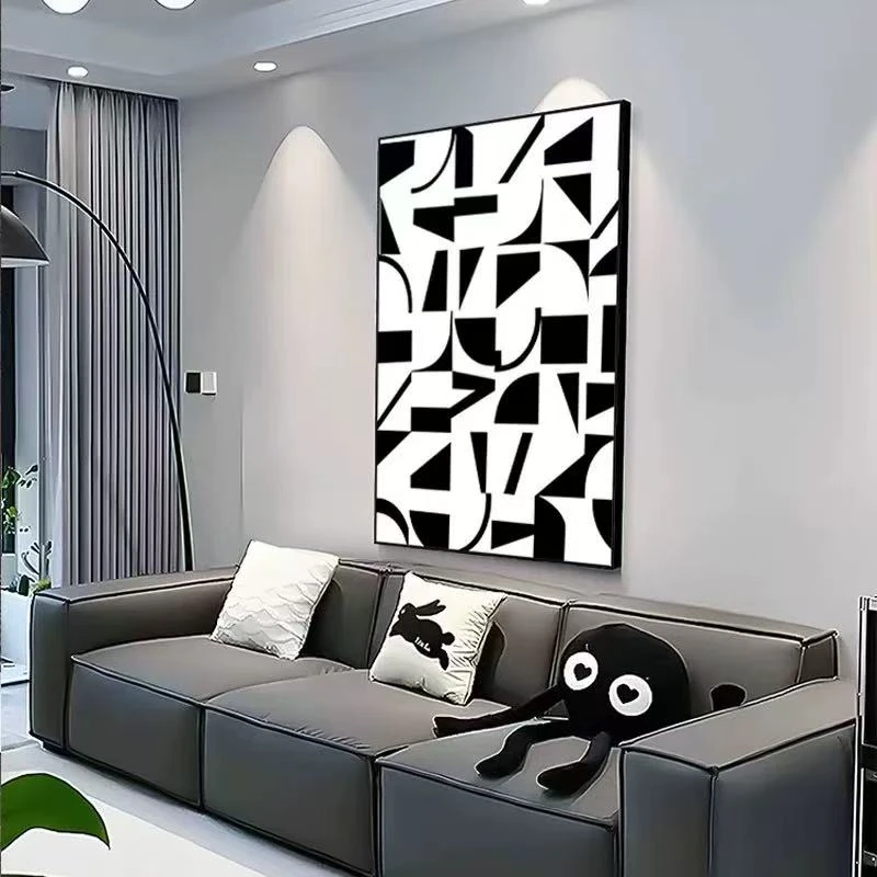 北欧极简客厅装饰画黑白灰几何抽象挂画高级感沙发背景墙砂岩画