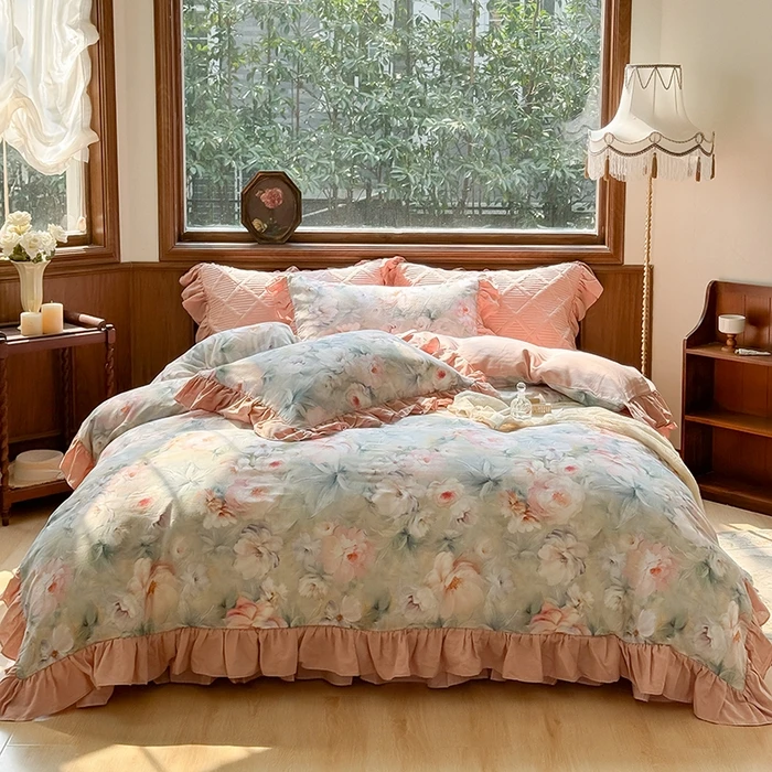 2025新款全棉双层纱床裙四件套法式浪漫