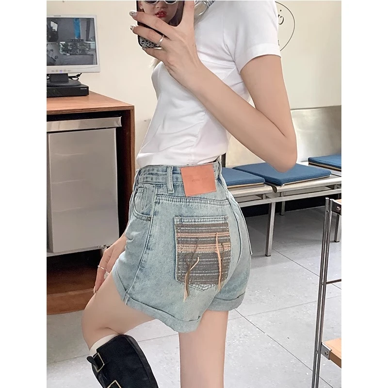 高腰牛仔短裤夏季新款大码显瘦胖妹妹mm阔腿a字热裤-KXDM66328