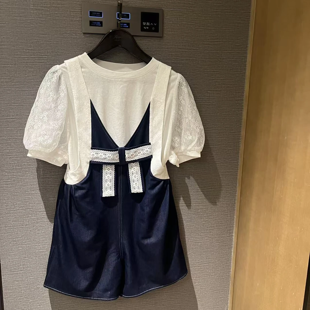 夏季圆领打底泡泡袖纯色镂空雪纺衫蕾丝小衫白色女士套头客厅