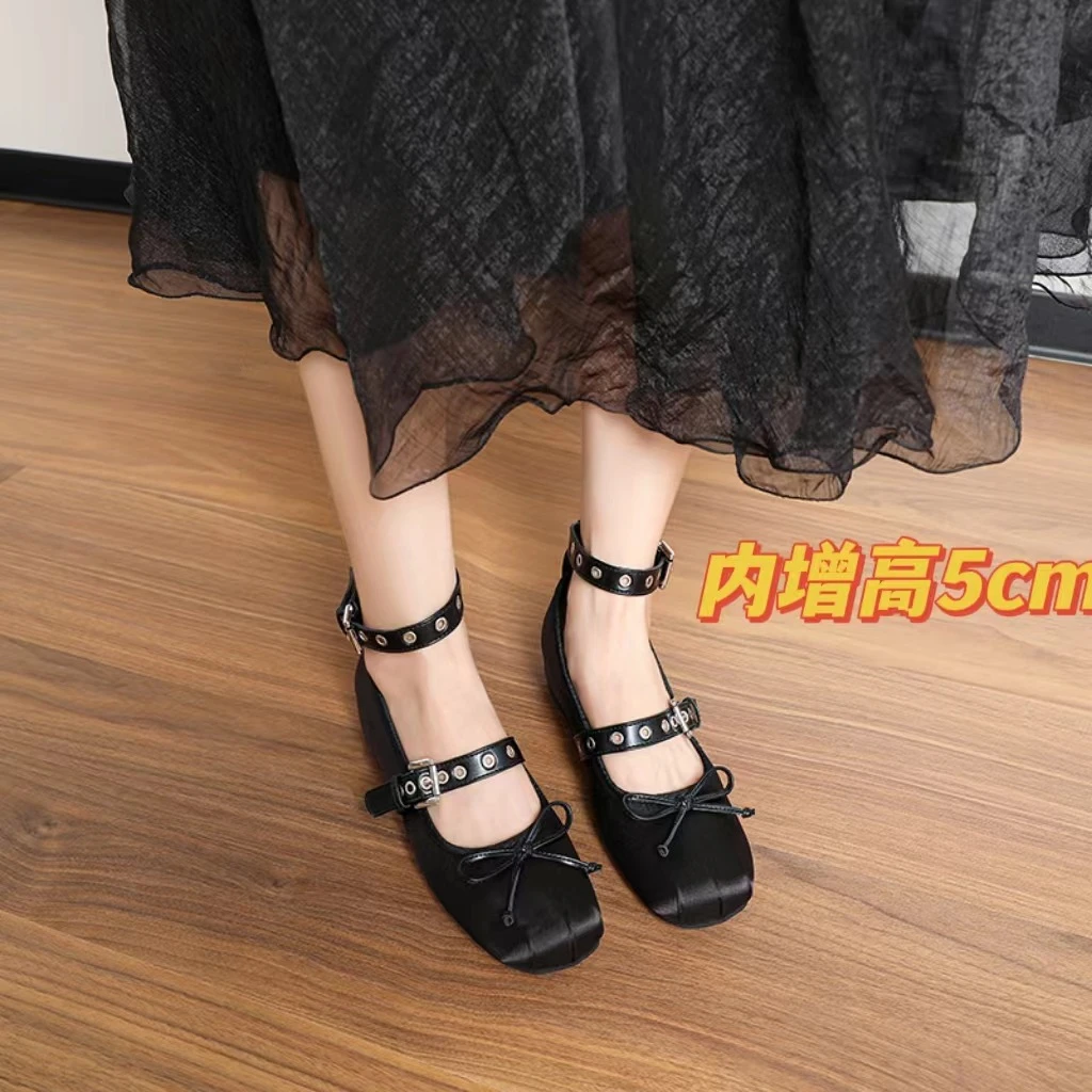 百搭~5内增高复古双一字带扣芭蕾舞平底鞋女春蝴蝶结玛丽珍单鞋