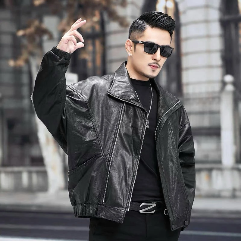 海宁油蜡牛皮休闲宽松翻领款夹克真皮皮衣蝙蝠袖秋冬大码外套男