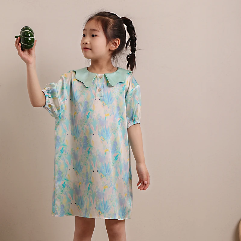 【茧音】92%桑蚕丝连衣裙 弹力缎少女风田园风女休闲儿童真丝裙子