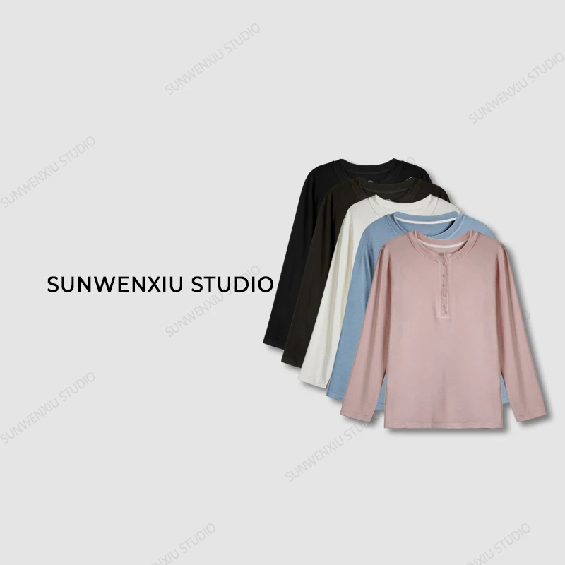 swx studio2店 ”万能打底“重工手工纽扣半开襟长袖打底T恤