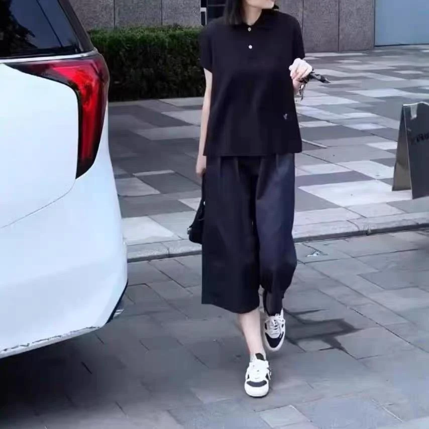 大方得体穿搭一整套女2025新款时尚POLO衫上衣百搭七分阔腿裤套装