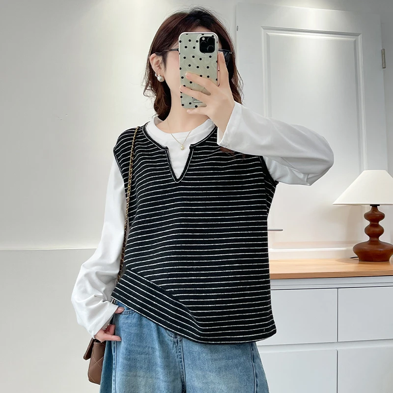 大码女装秋季新款时尚长袖T恤女宽松显瘦百搭胖mm洋气打底上衣服