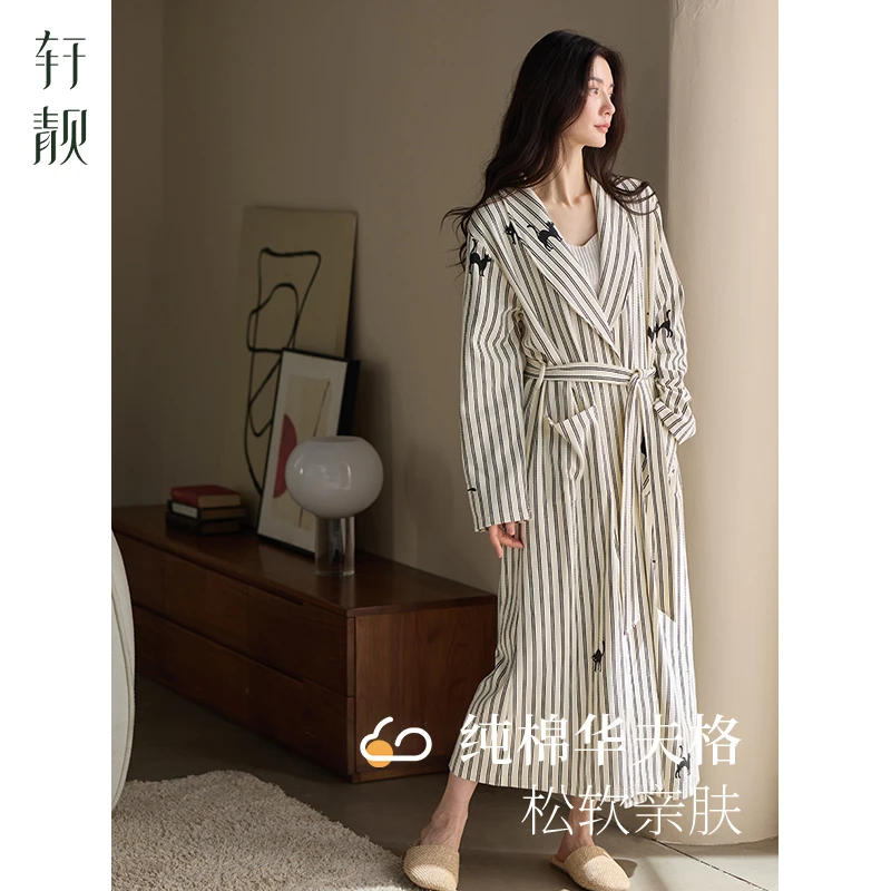 【纯棉华夫格】轩靓睡袍女士春秋长袖条纹睡衣高级感浴袍大码家居服