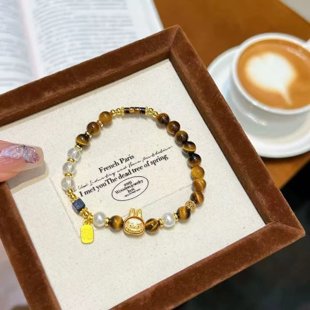 铜合金亚克力手链 爆款labubu天然虎眼石手链女焦糖色双圈叠戴珍