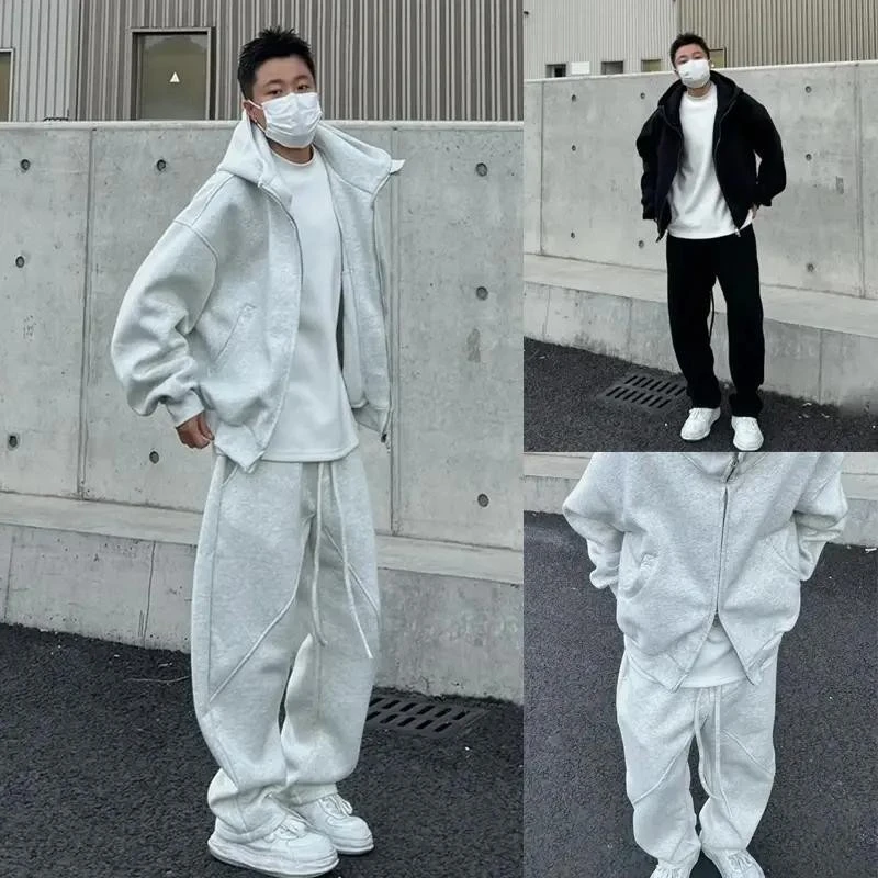 男士套装宽松连帽秋季外套卫衣卫裤两件套纯色休闲运动套装一整套