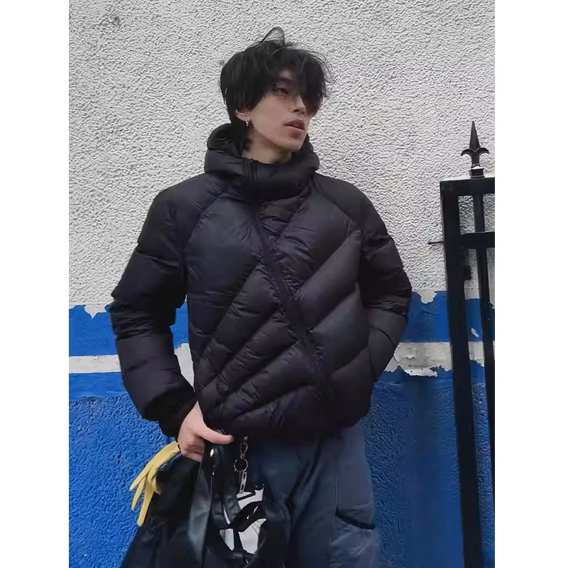 黑色cleanfit斜拉链排骨美式棉服男冬防寒保暖小众设计感连帽棉衣