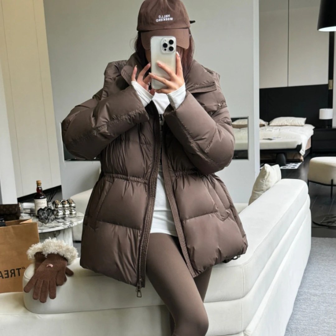 学院风纯色常规拉链连帽女防风秋冬显瘦百搭女士羽绒服收腰显瘦