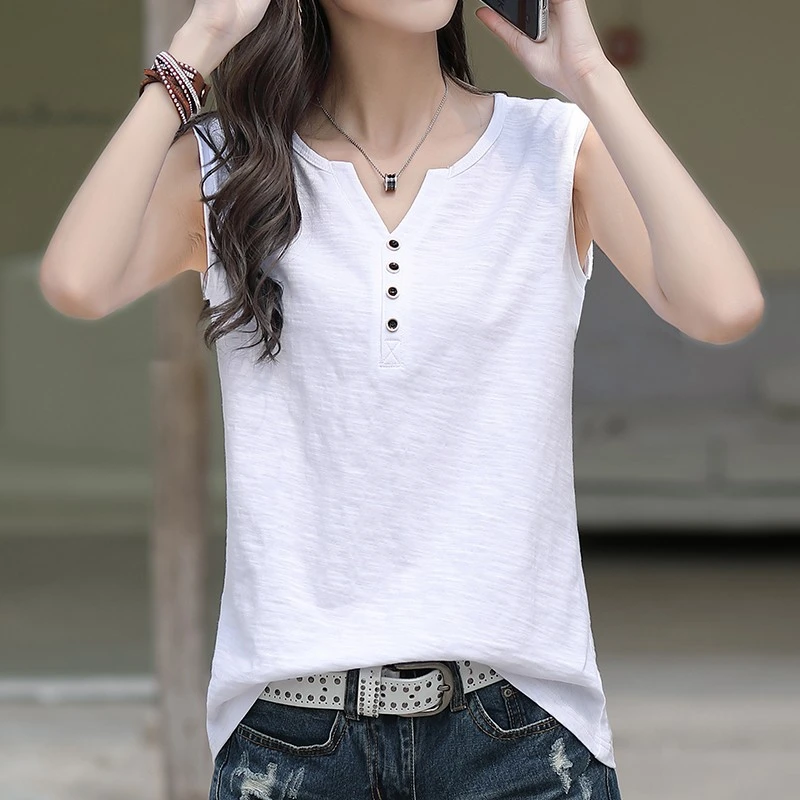 白色吊带背心女外穿纯棉宽松遮肉v领纽扣夏季时尚无袖内搭打底t恤