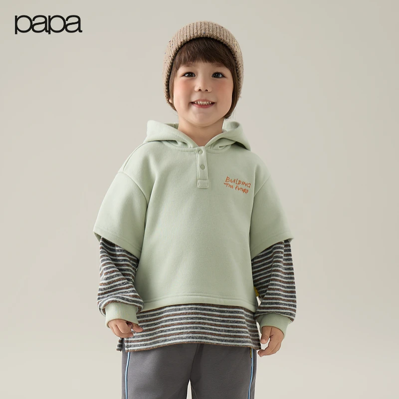 【假两件】papa爬爬冬季新款卫衣儿童男女童保暖连帽上衣潮流时髦