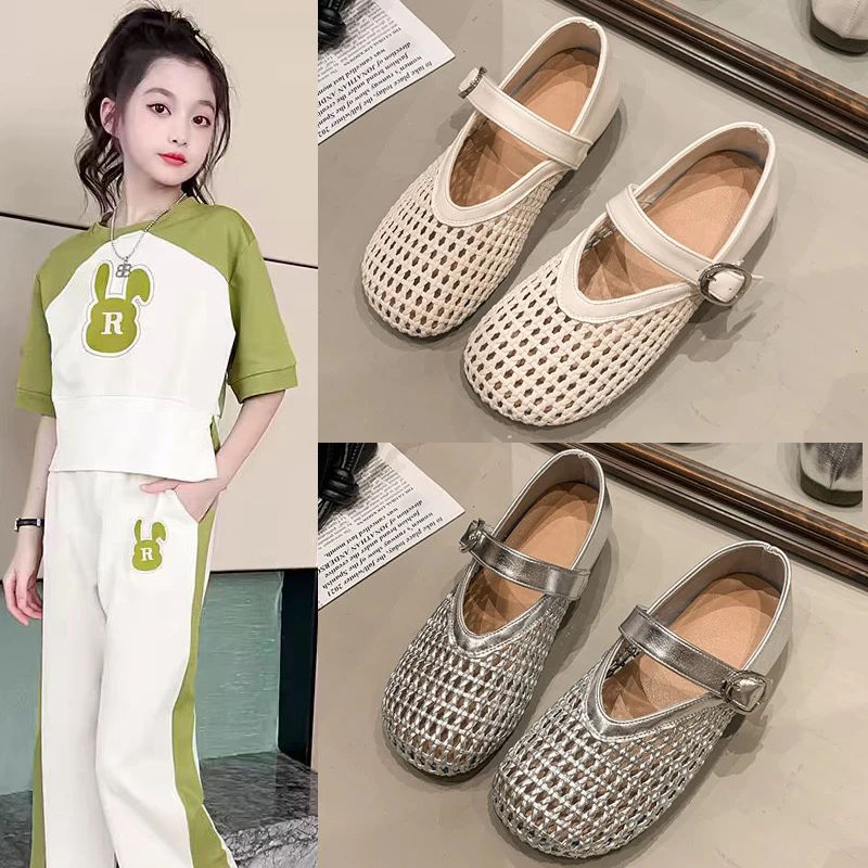 女童凉鞋夏款中大童公主鞋小女孩镂空平底鞋初中生透气外穿单鞋