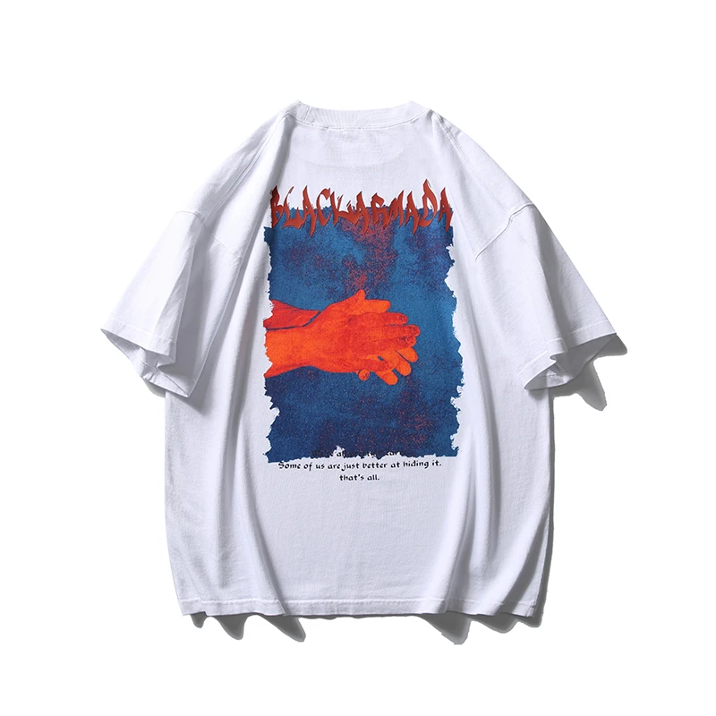 美式复古街头宽松短袖T恤纯棉个性印花圆领落肩半袖