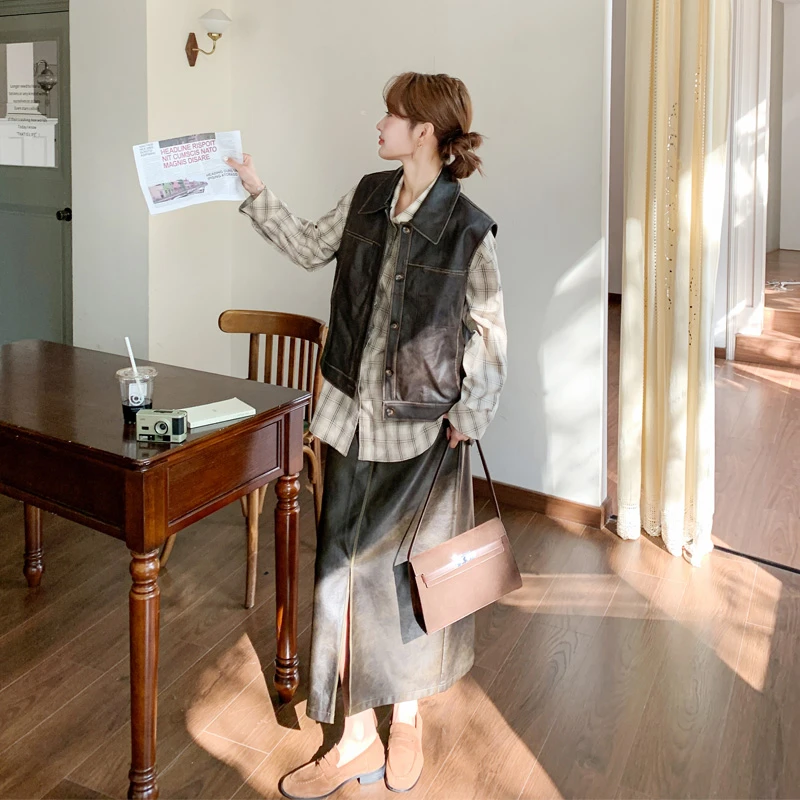 复古ins皮马甲皮裙格子衬衫套装2025秋季新款美拉德甜酷风三件套