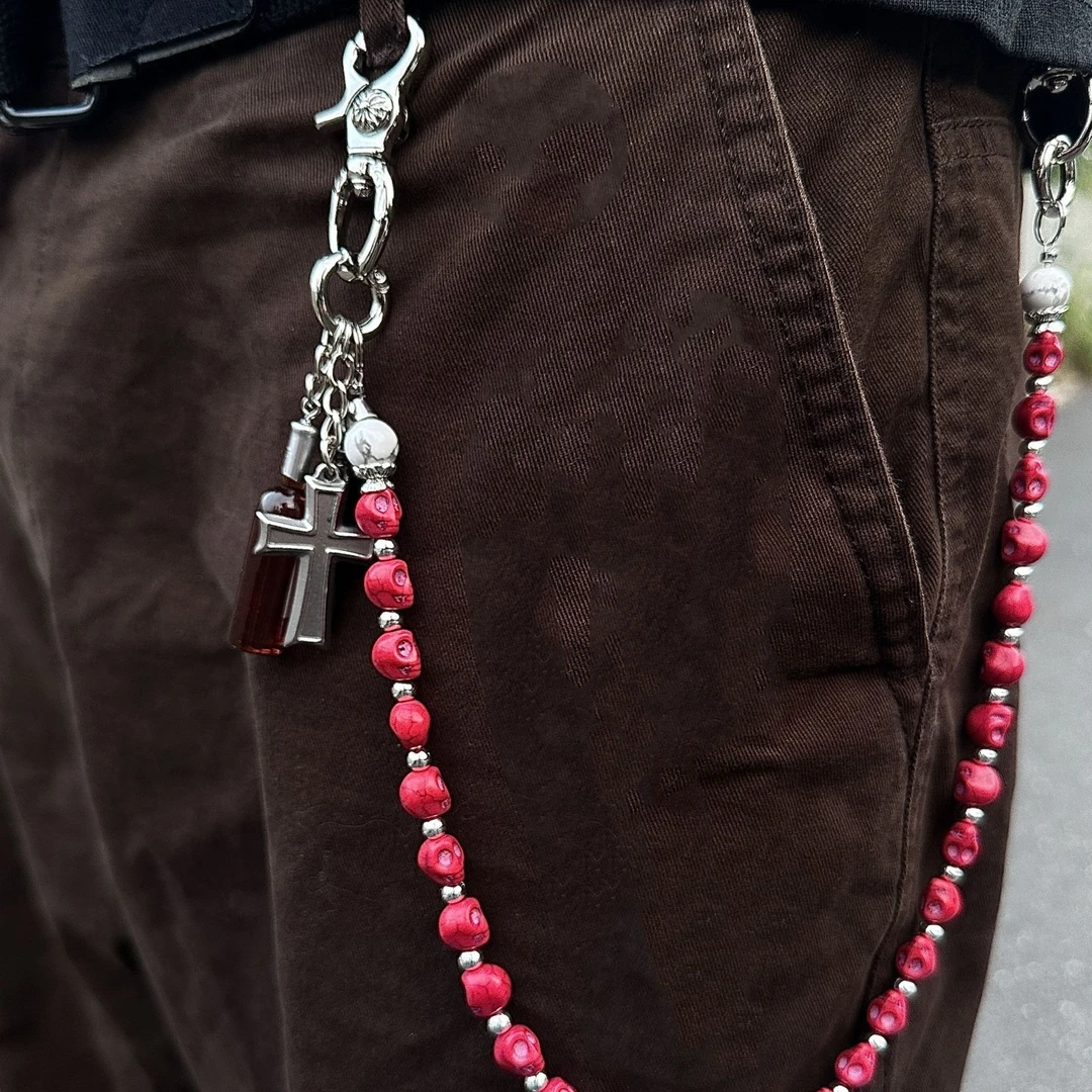 原创手工美式红色骷髅头cleanfit裤链十字架牛仔裤链配饰