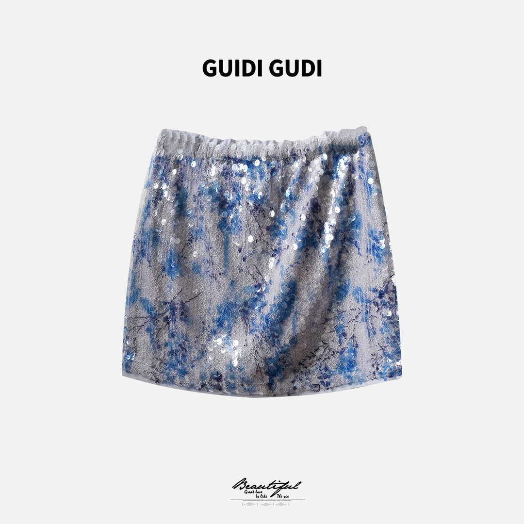 GUIDI GUDI【水墨人鱼】黄加蓝闪闪亮片时尚半裙 Q9520352H