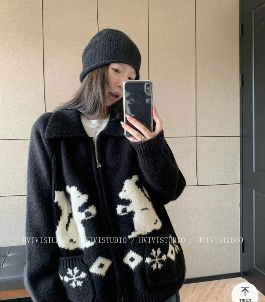 韩系慵懒小松鼠提花毛衣外套韩系宽松针织ins韩风开衫外套