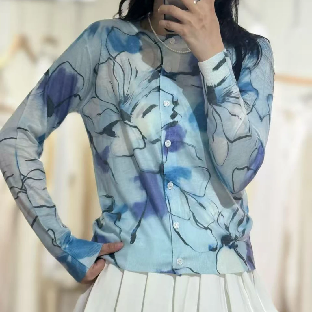碎花上衣花色长袖水溶印花常规款商务通勤秋季毛针织衫3615