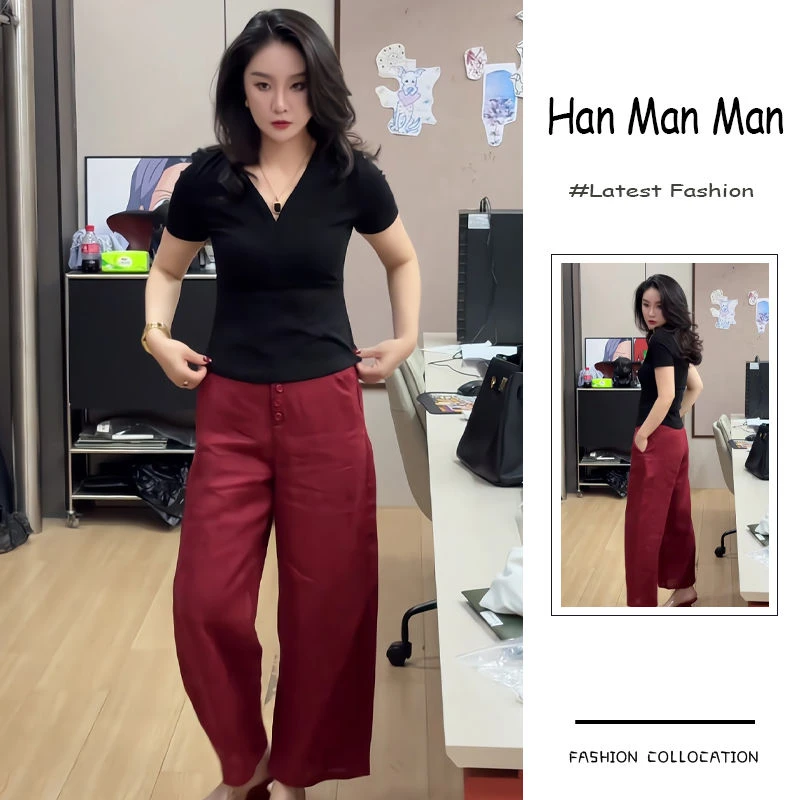 夏季流行穿搭一整套新款2025港风气质轻熟风短袖T恤阔腿裤两件套