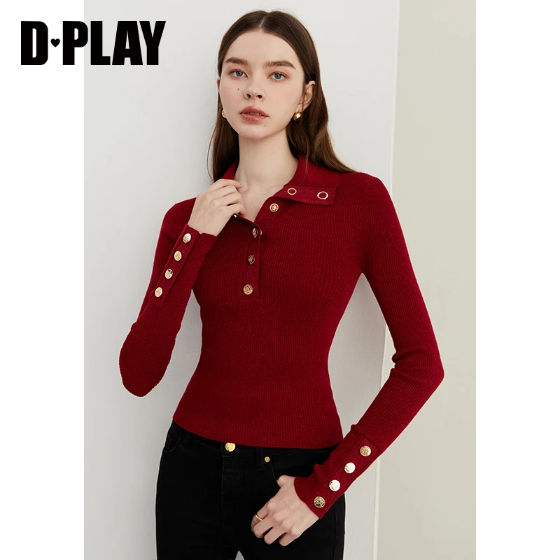 DPLAY2025秋季新款法式红色翻领修身显瘦毛衣针织衫上衣长袖女