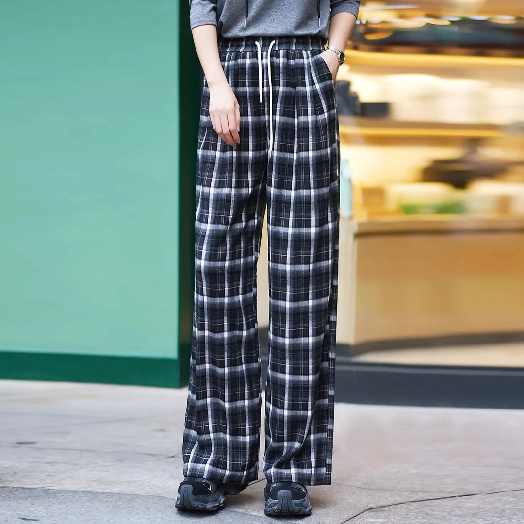 女士潮牌格子裤2025春秋季新款直筒休闲裤宽松显瘦高腰百搭阔腿裤