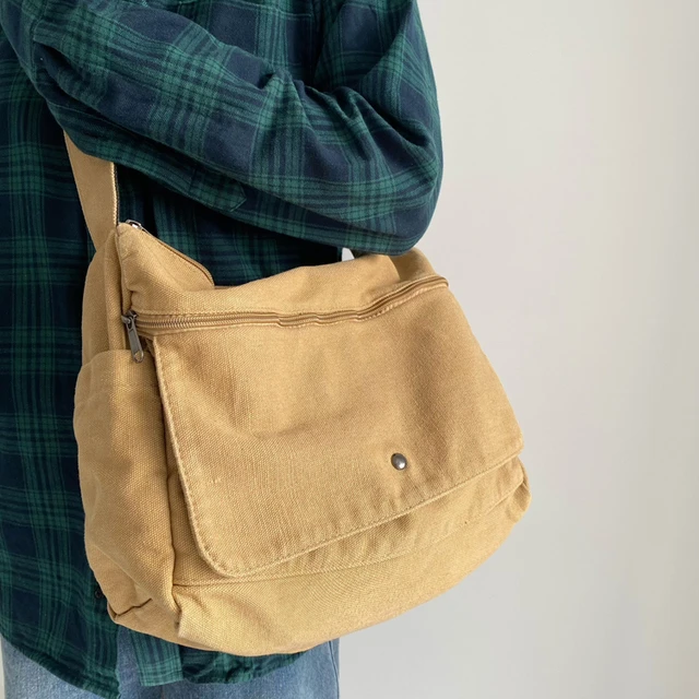 日系休闲水洗帆布包斜挎包女美式覆古简约单肩包学生上课包背包男