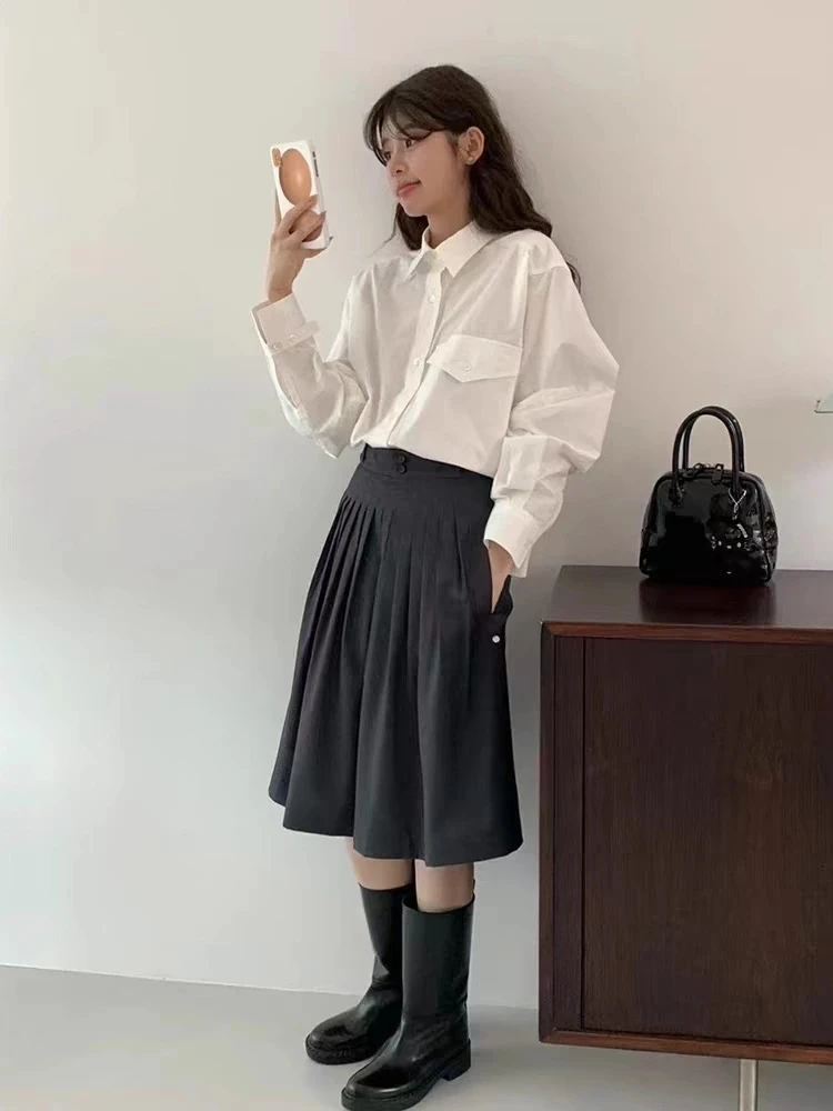 韩国东大门代购egg新款女高腰百褶半身裙女+