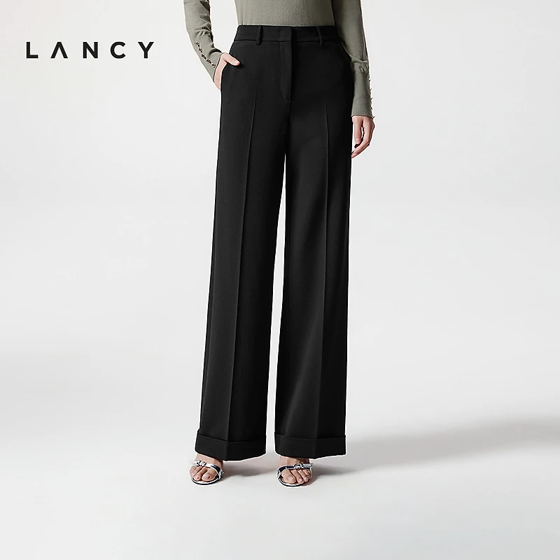 LANCY/朗姿2025年秋季新款通勤气质直筒阔腿西装裤女休闲黑色裤子