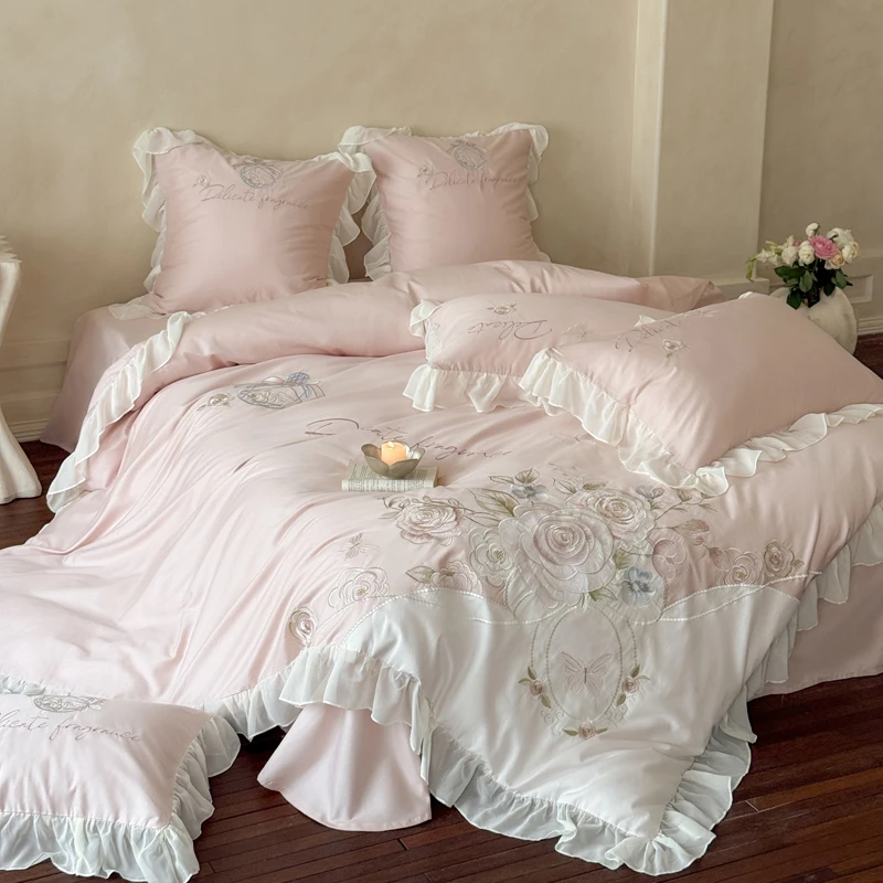轻奢法式全棉长绒棉四件套蕾丝边花卉刺绣被套纯棉少女心床上用品