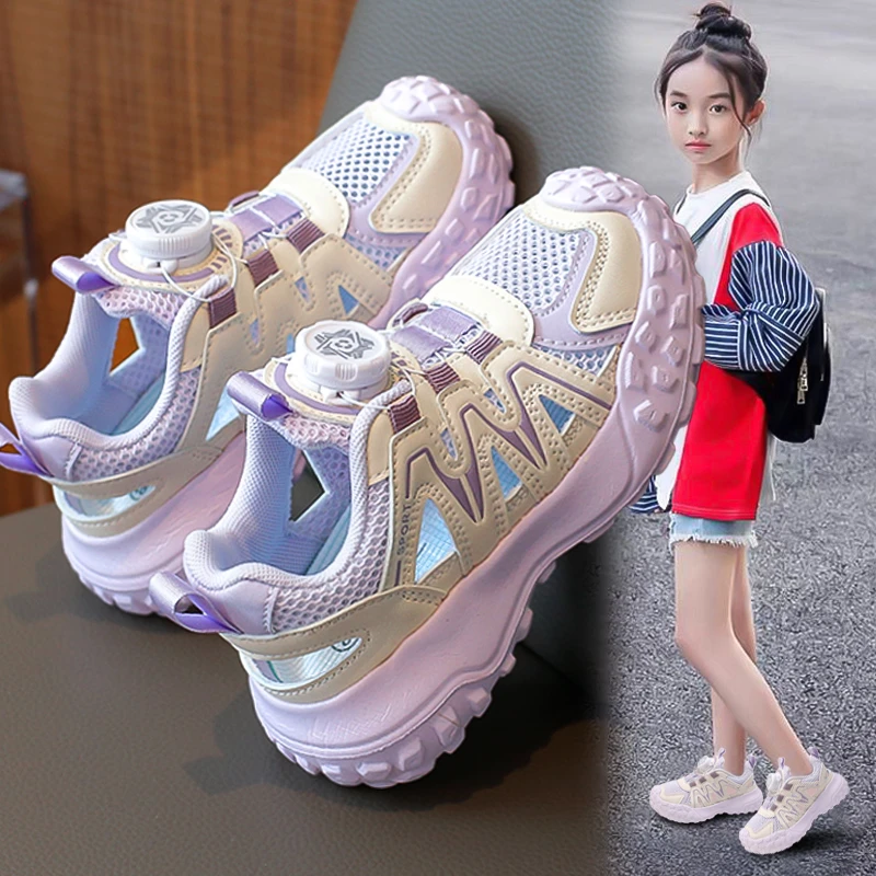 ABC女童运动鞋2025新款夏季跑步透气儿童单网鞋子镂空包头凉鞋潮