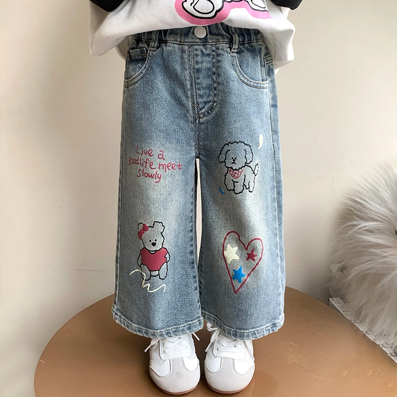 女童涂鸦阔腿牛仔裤洋气儿童春秋装新款女宝宝宽松休闲裤子小女孩