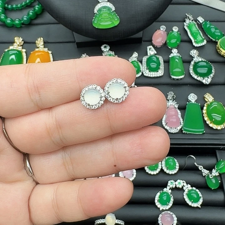 玛瑙/玉髓合金耳钉紫色玉髓蛋面耳钉