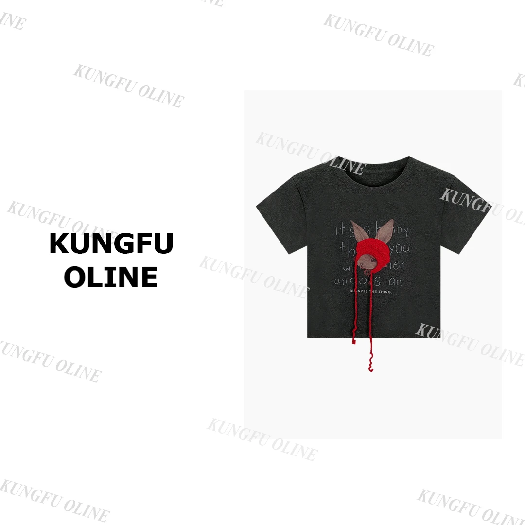 【现现】【戴帽小兔子】T5423流行款卡通印花圆领短袖T恤潮流休闲上衣