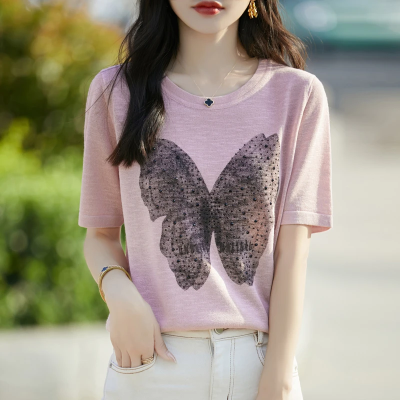 哥弟阿玛施正品2025夏季新款竹节麻大蝴蝶短袖针织T恤女气质百搭