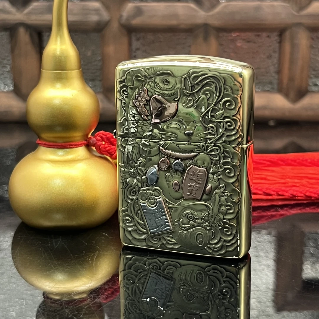 ZIPPO/之宝打火机 招财猫盔甲黄铜浮雕镶嵌【小飞甄选】DYJ1