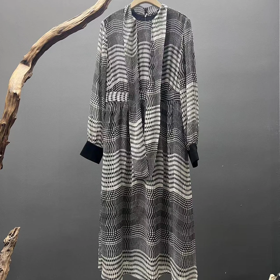 【墨枝】黑白格撞色飘带显瘦桑蚕丝连衣裙D9009870