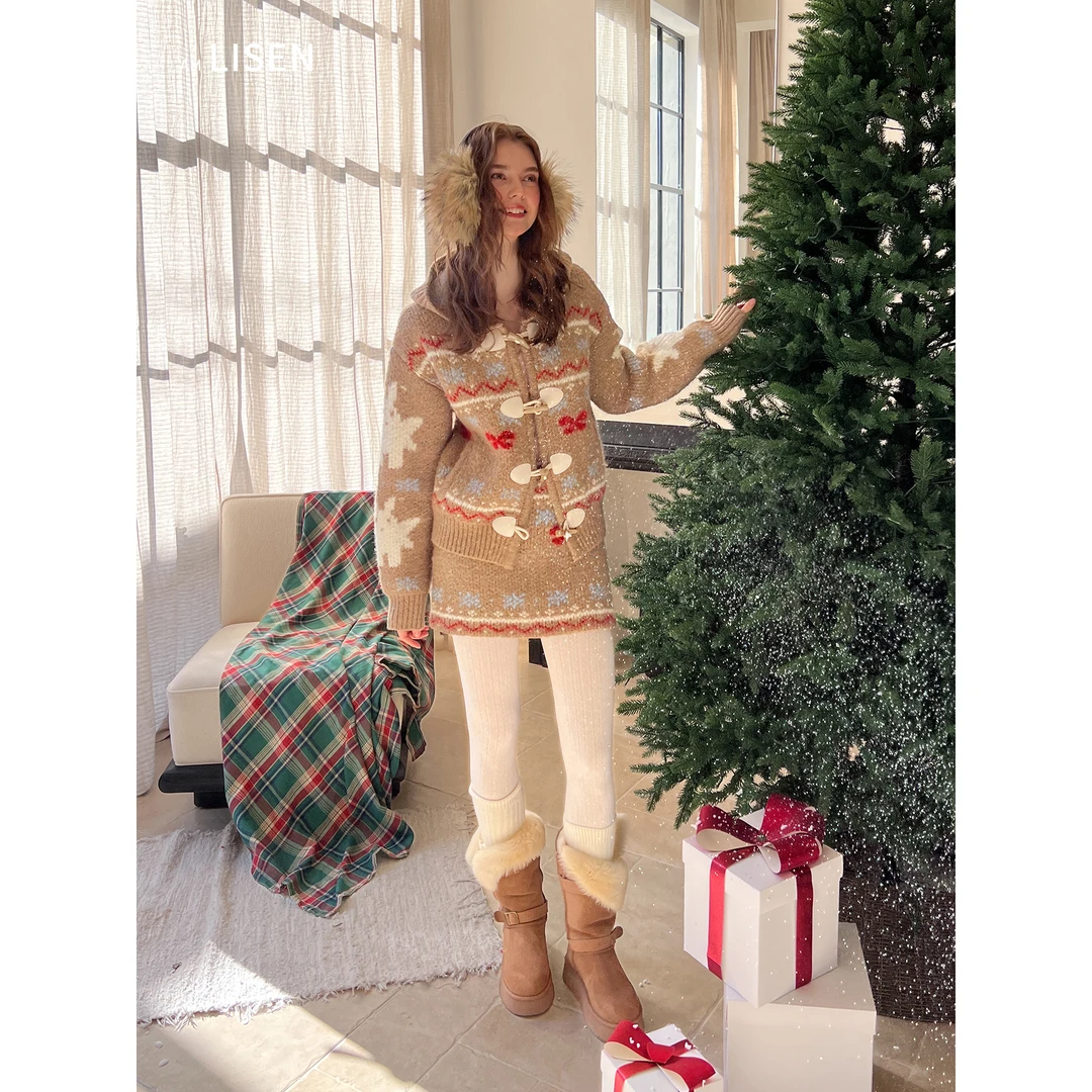 离森复古棕色趣味费尔岛花纹风牛角扣毛衣开衫半身裙氛围套装