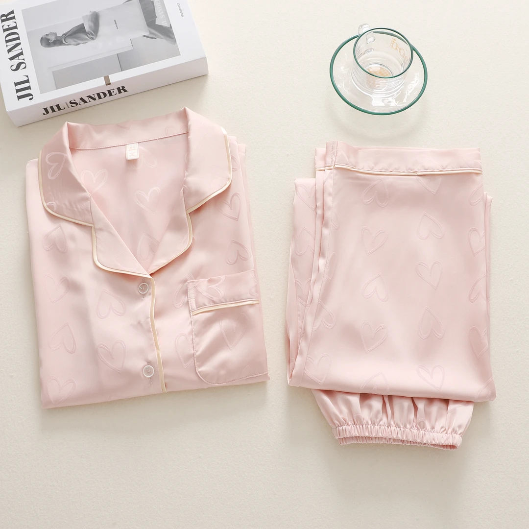 睡衣女春夏秋冰丝短袖长裤粉色爱心提花薄款家居服套装可外穿